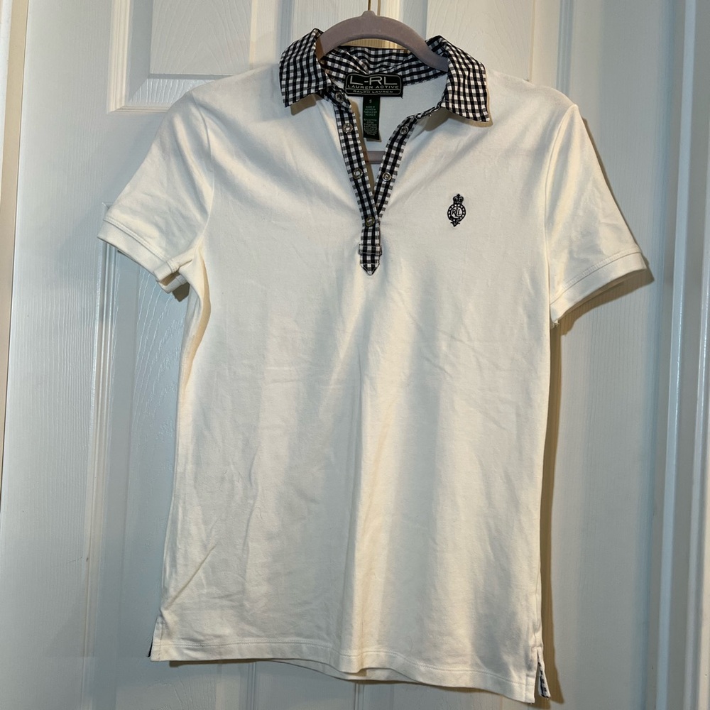 🦋 Classic White Polo with black and white Checkered Collar Ralph Lauren small